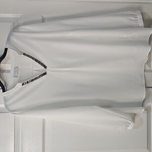 New CREATION L Semi Sheer White V-Neck Blouse Metallic Decor Size 12